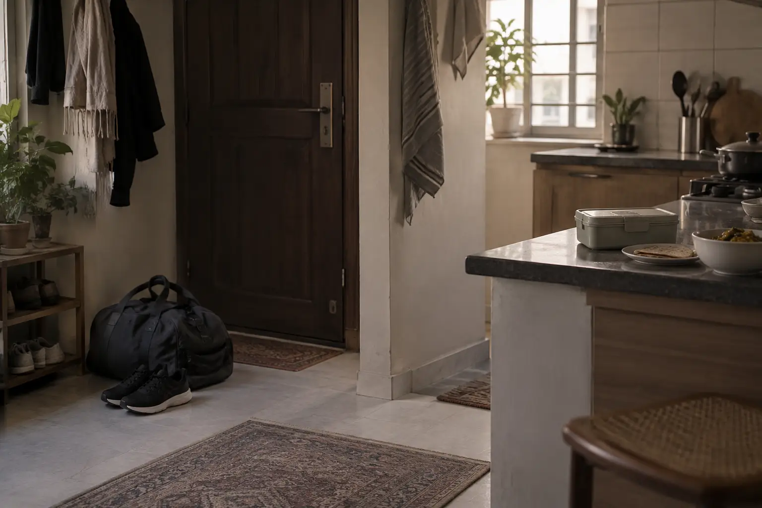 Gym bag and training shoes ready by a home doorway, with a lunch container, roti, and sabzi on a nearby kitchen counter.