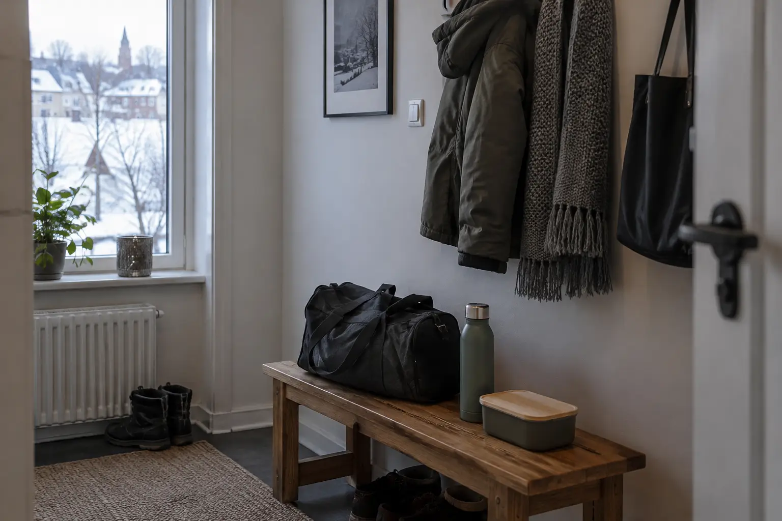 Winter coat, gym bag, flask, and packed lunch beside an apartment window overlooking snow.