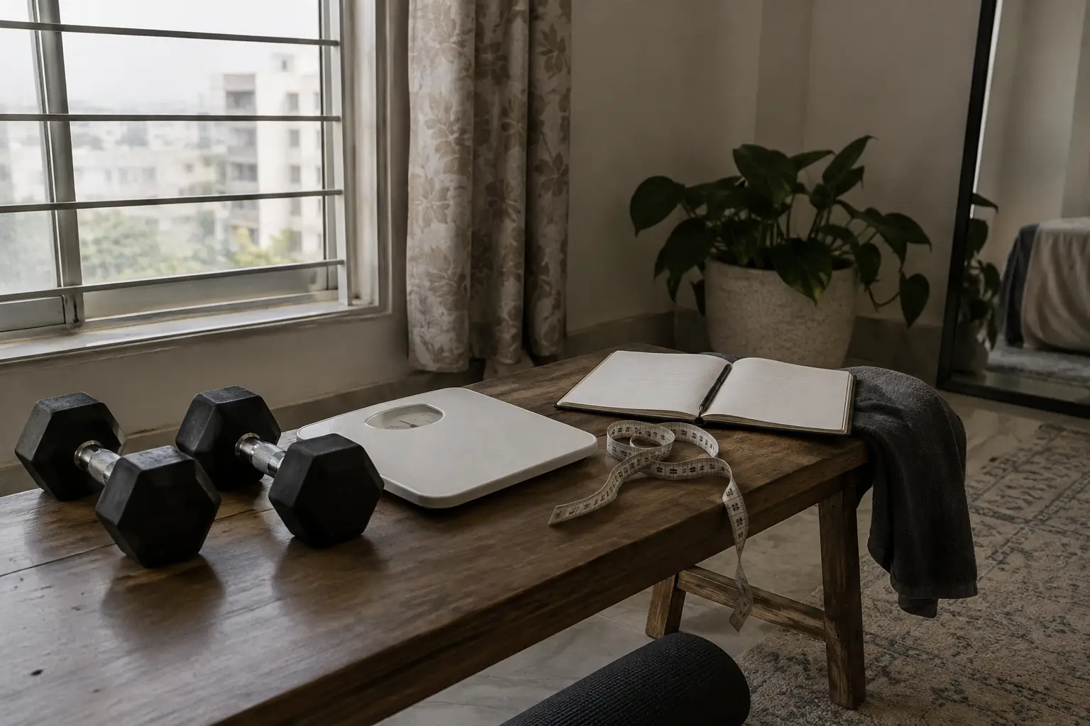 Ghar ke workout corner mein dumbbells, weighing scale, measuring tape aur khuli notebook.