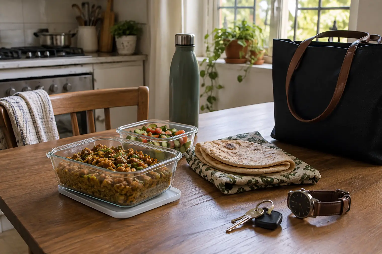 Lunch containers with keema, peas and chapati beside a work bag, keys and watch on a kitchen table.