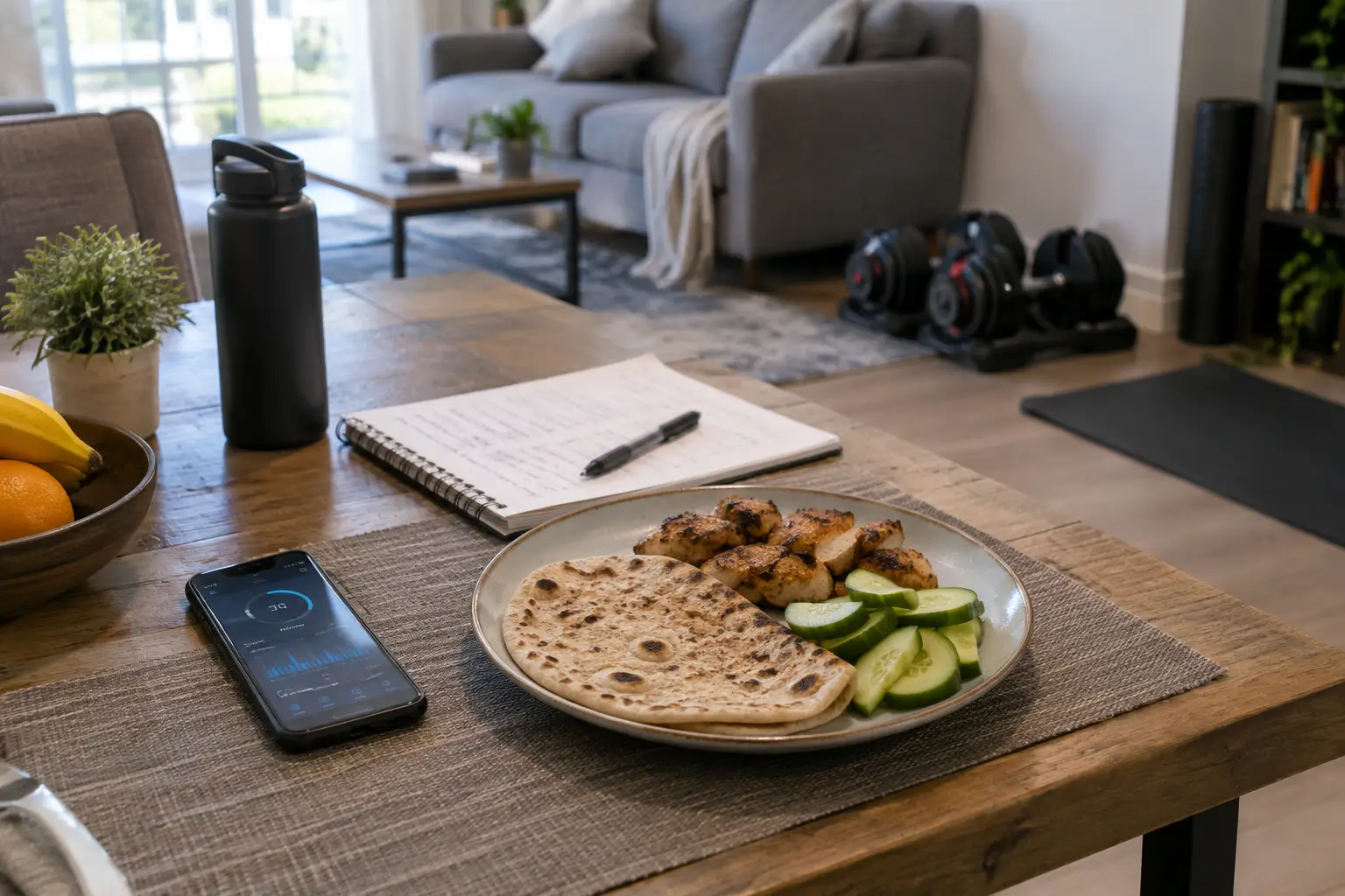 Phone, training notebook and a roti meal ready for a weekly check-in with an online personal trainer.