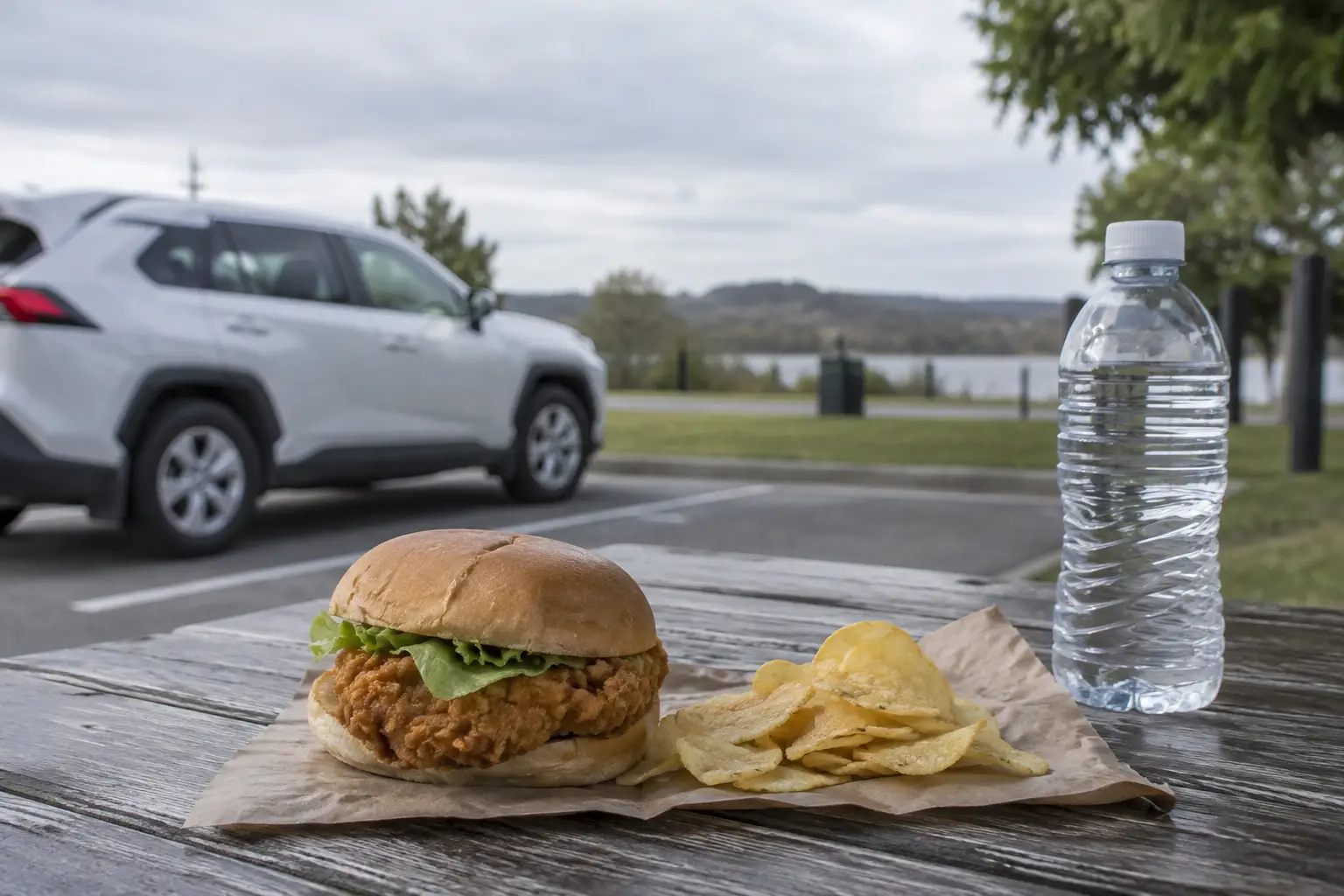 Takeaway sandwich, chips, and water on a rest-stop table beside a parked work car.