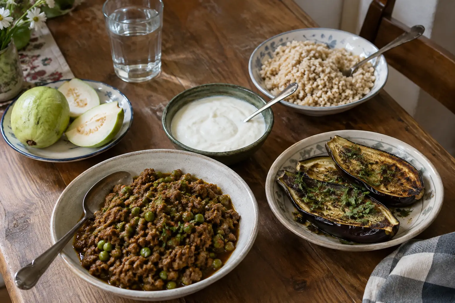 An everyday meal with keema and peas, barley, roasted aubergine, yogurt, guava, and a glass of water.
