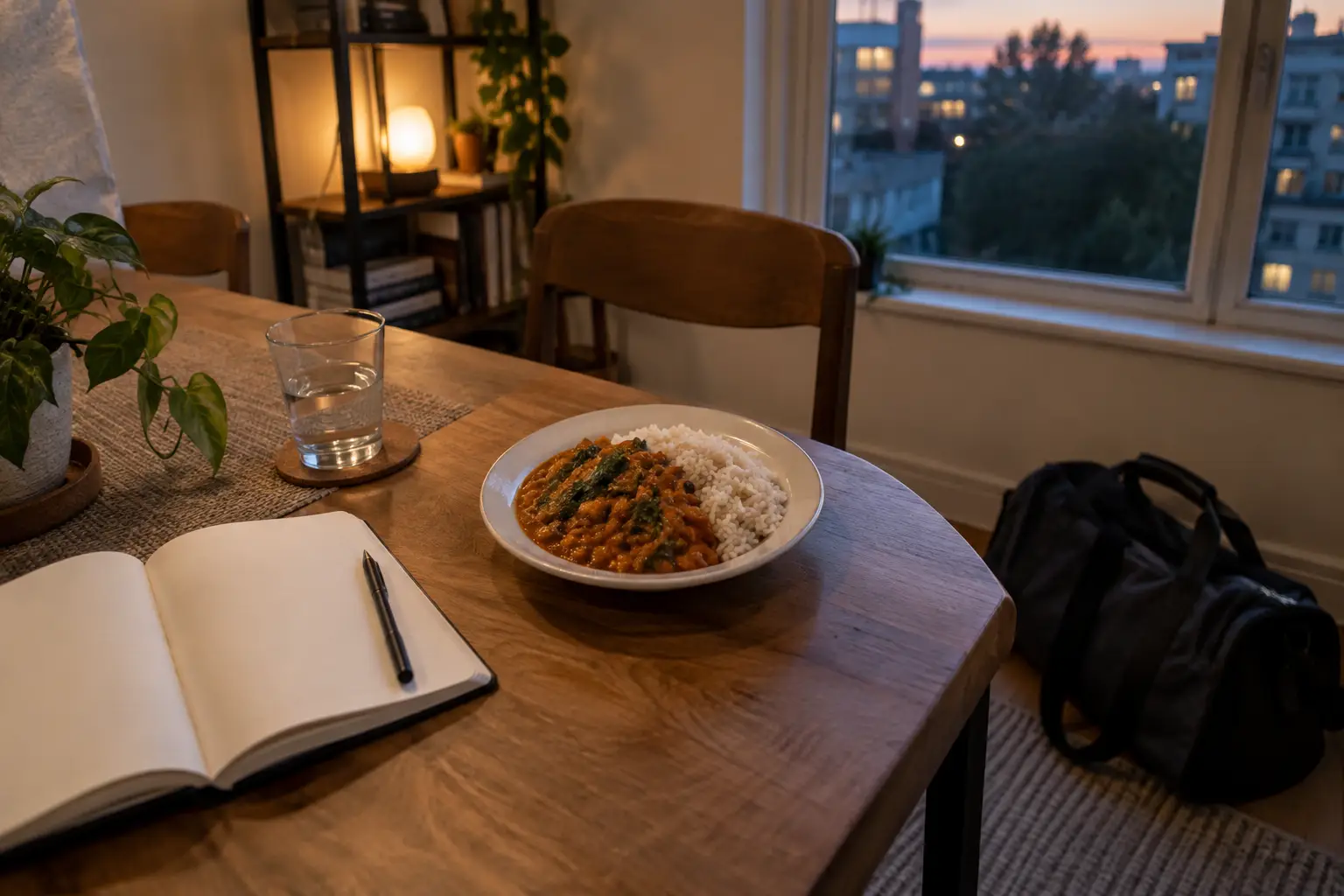Dinner and an open notebook on a dining table, with a gym bag beside the chair in soft evening light.