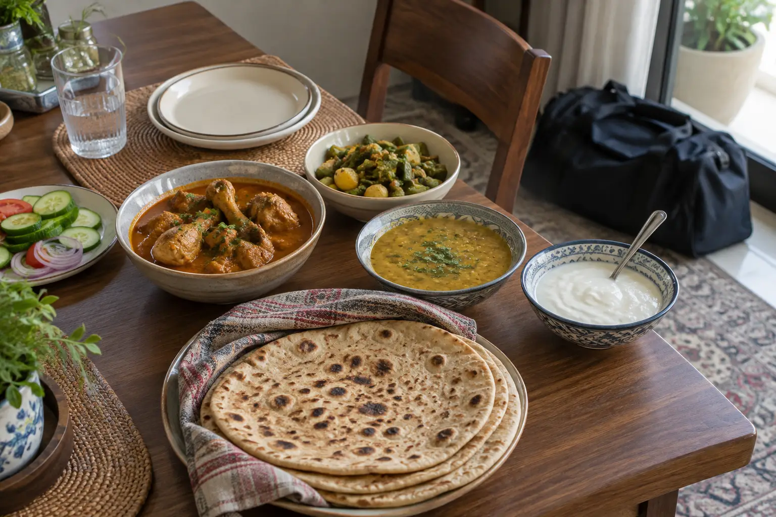 Roti, chicken curry, daal, sabzi, and yoghurt on a home dining table with a gym bag beside the chair.