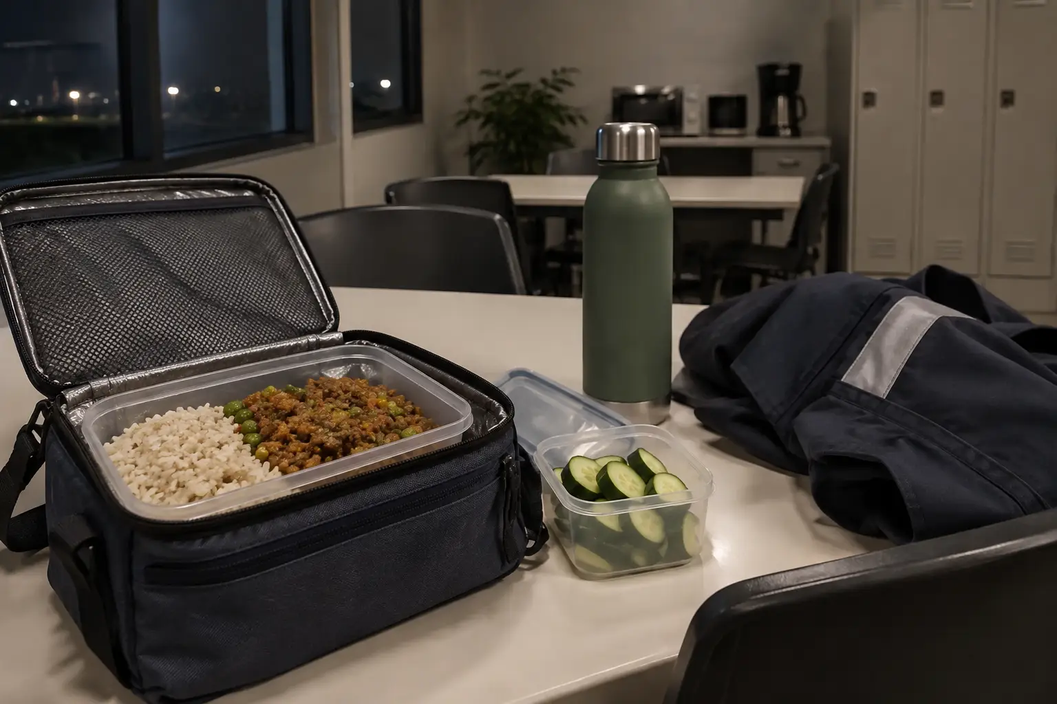 Packed meal of keema, peas, rice, and cucumber beside a lunch bag in a quiet workplace break room at night.