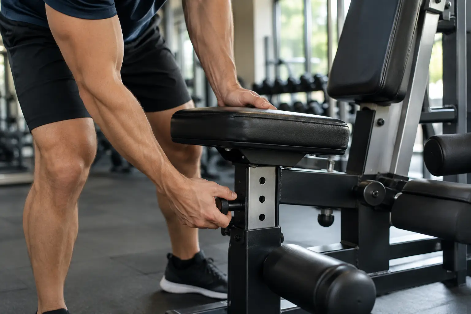 Close-up of a man's hands adjusting the seat on a strength-training machine in a gym.