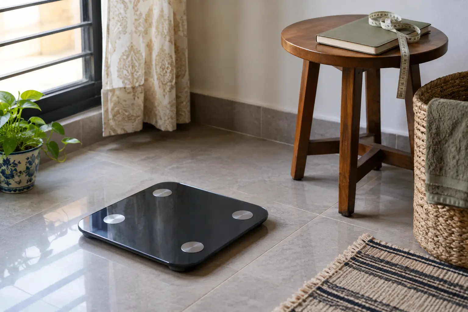 Bathroom scale beside a wooden stool holding a measuring tape and closed notebook in soft window light.