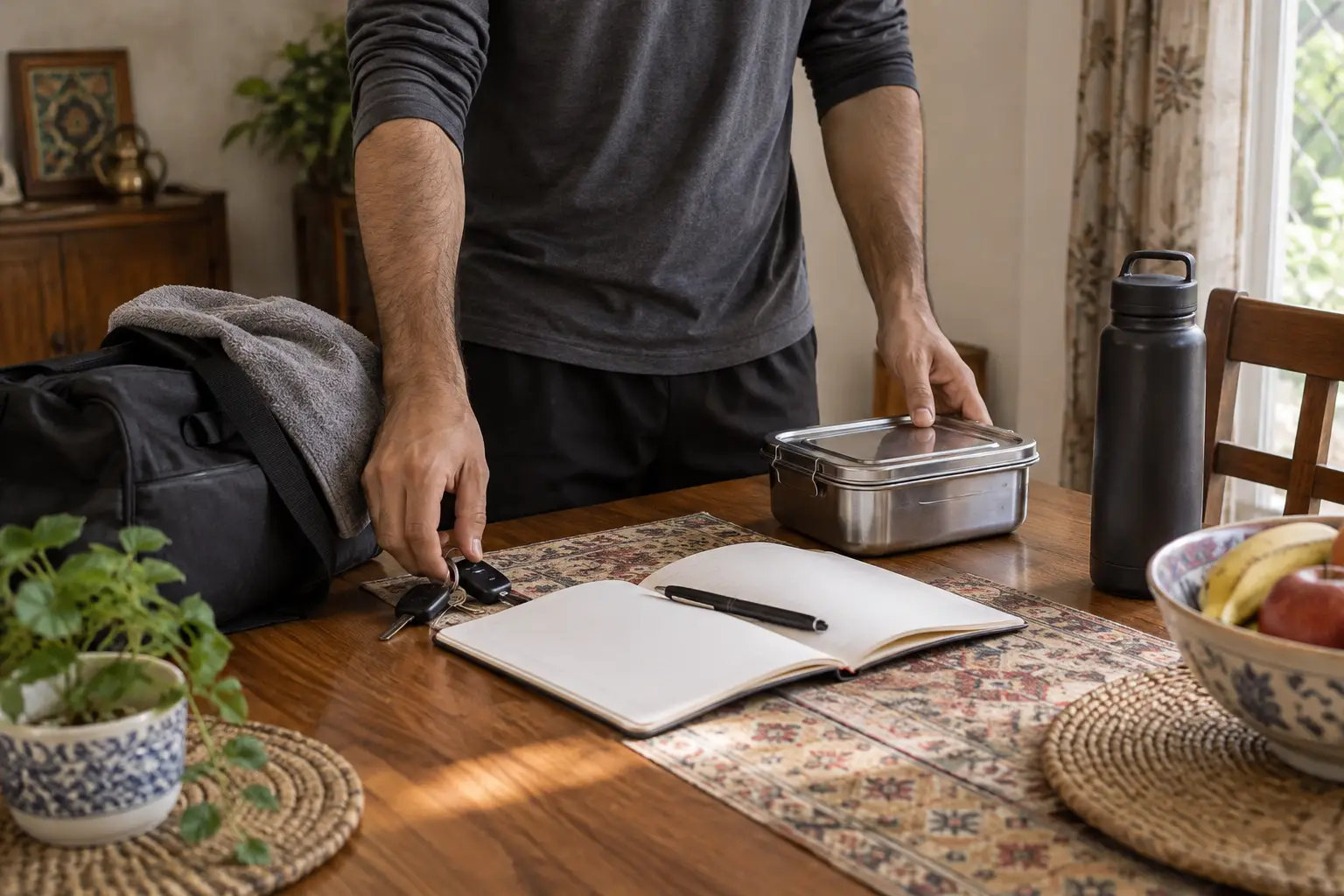 Hands organising a workout notebook, lunch container, and gym keys on a table in soft morning light.