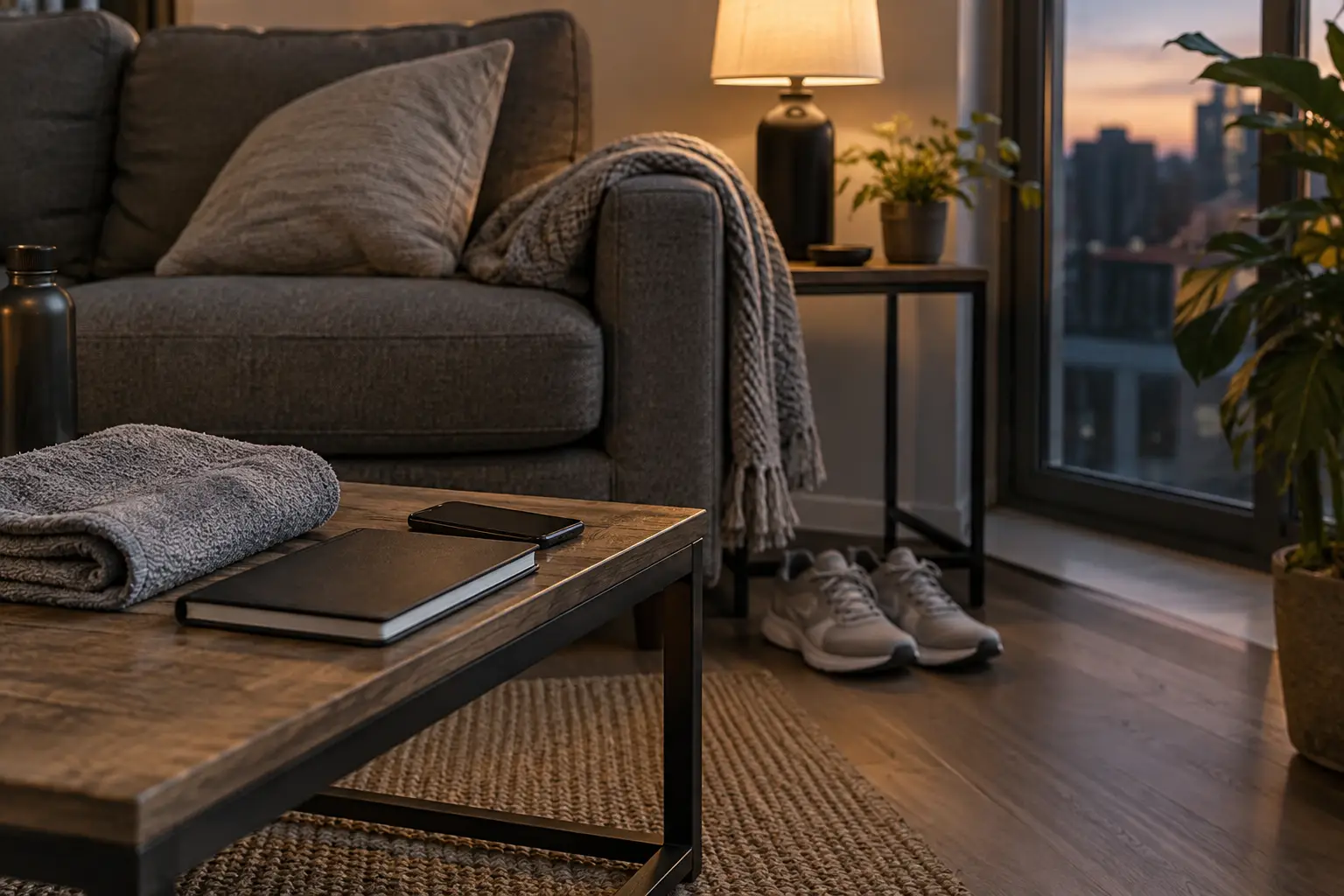 Quiet living room with a folded gym towel, closed notebook, and phone placed face down beside a sofa.