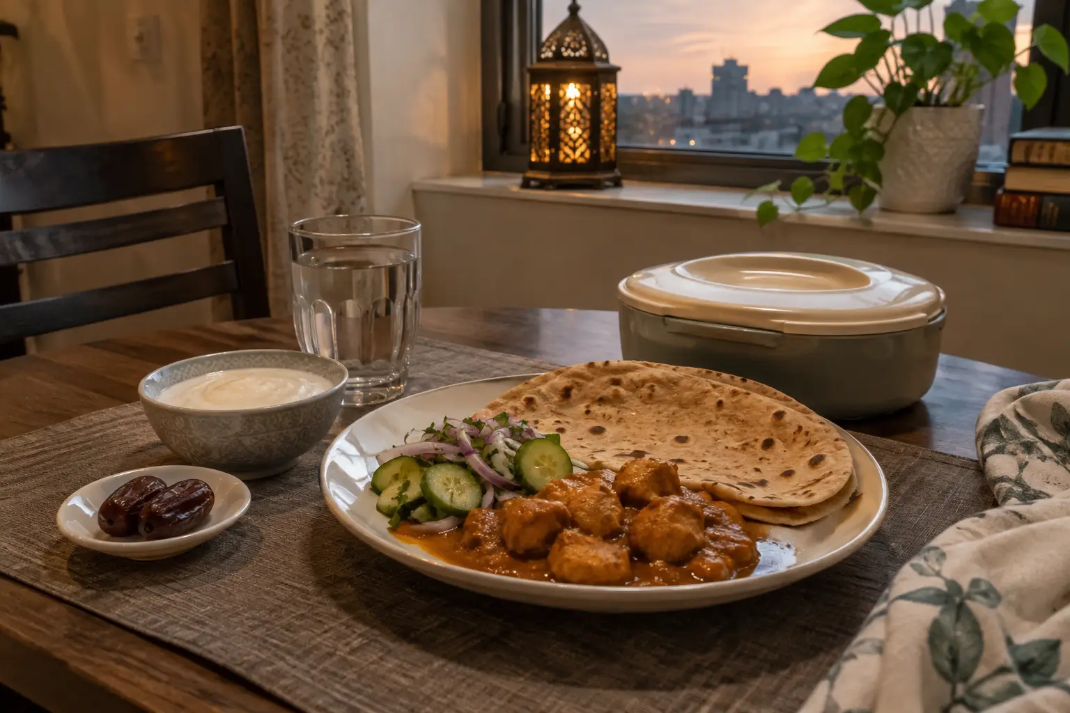 Ramadan meal with dates, water, yogurt, roti, chicken salan and salad on a small dining table.