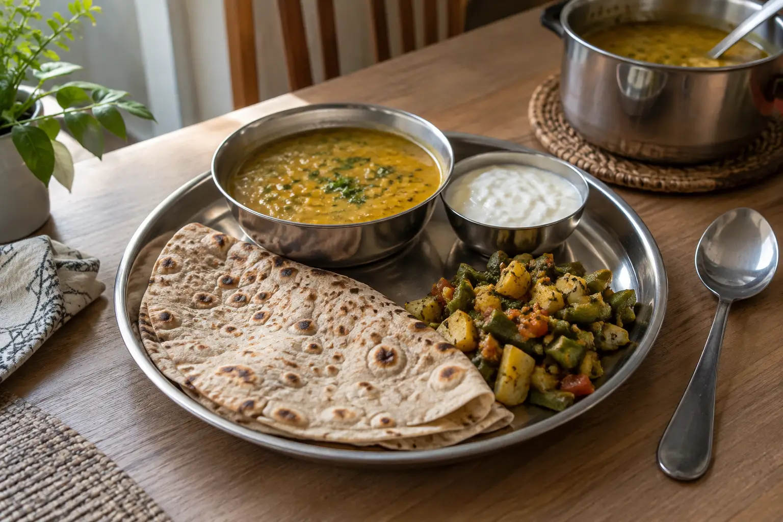Roti, mixed vegetable sabzi, thick daal, and plain yogurt arranged for an everyday Pakistani lunch.