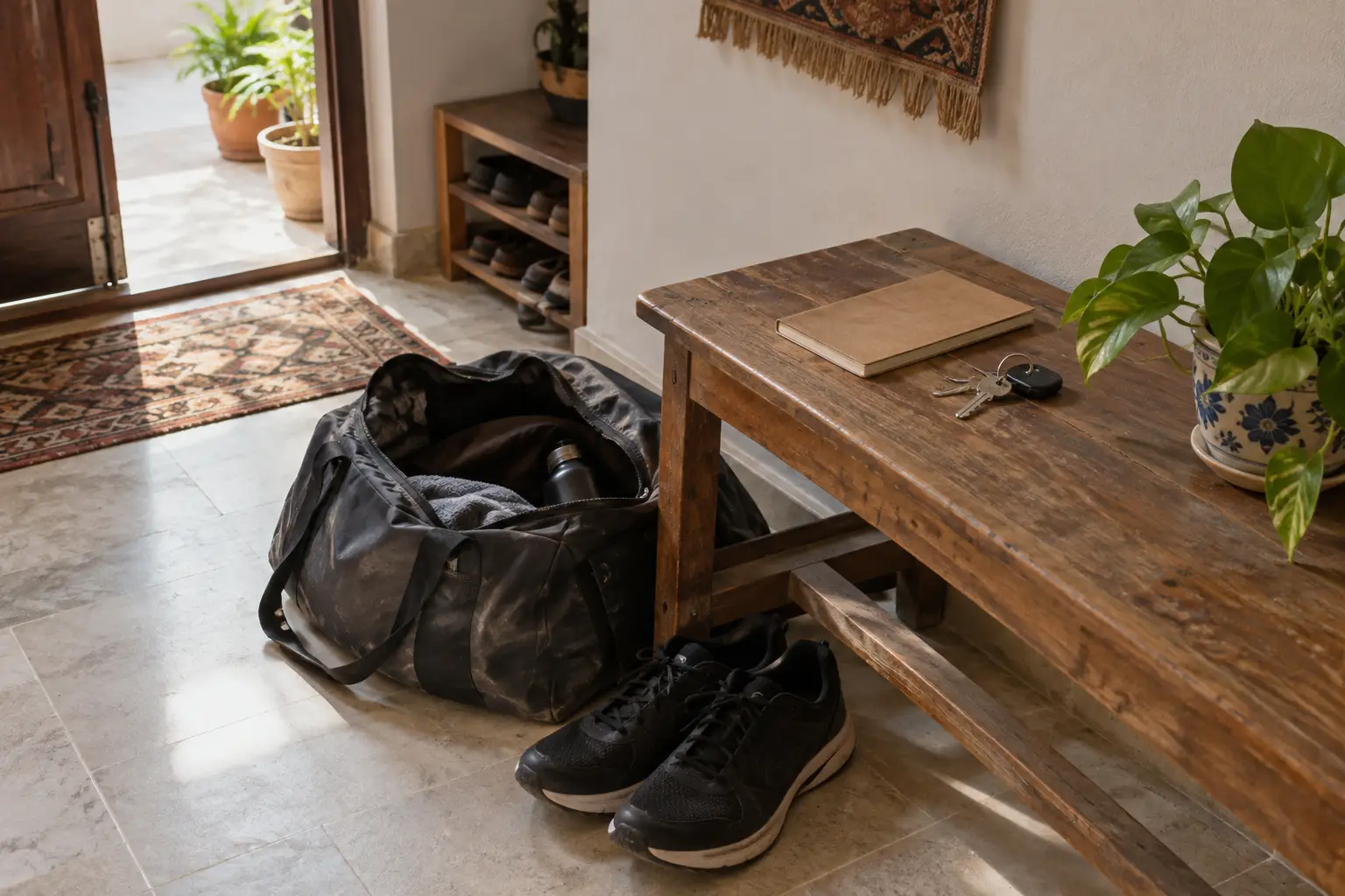 An open gym bag, training shoes, notebook, and keys arranged on a bench near a home entrance.