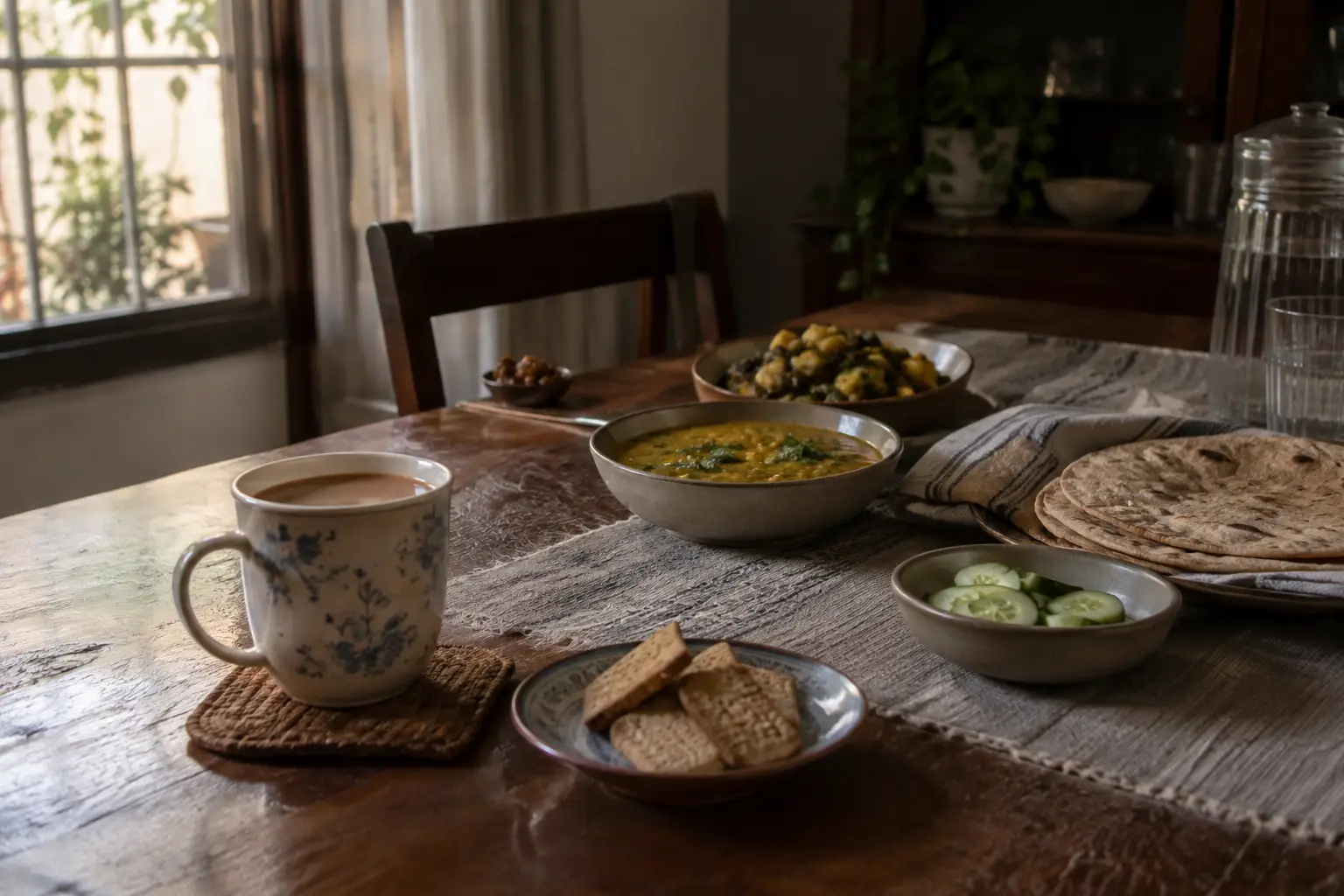 Pakistani ghar ki dining table par chai, biscuit aur saath roti, daal aur sabzi ka dinner.