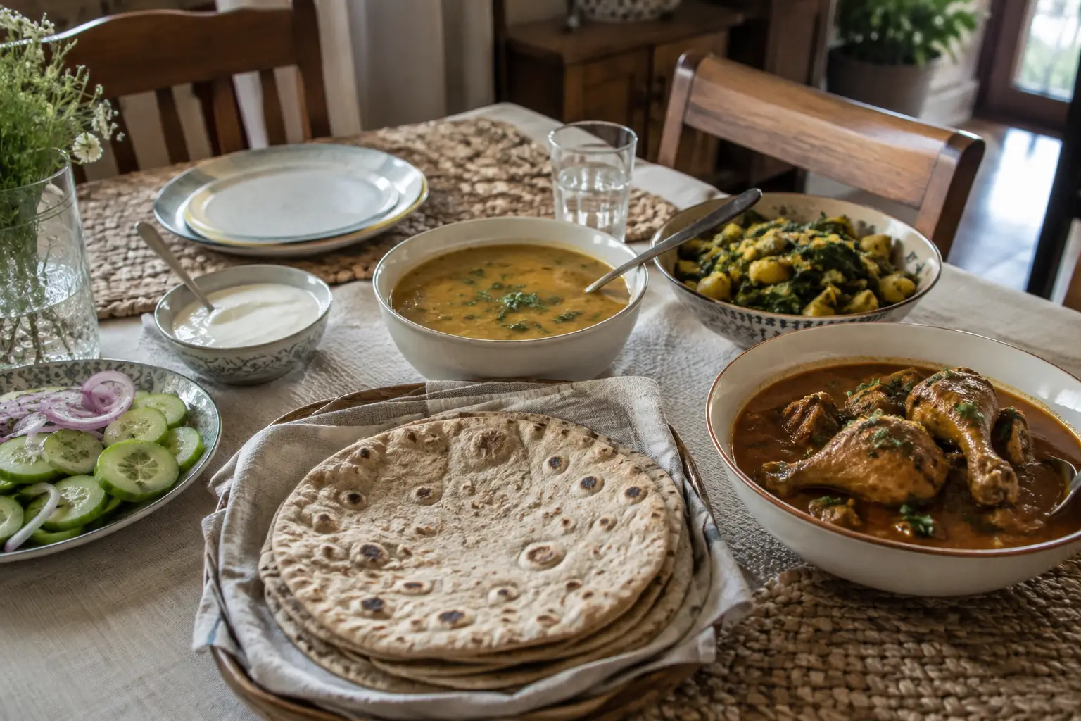 Homemade roti served with chicken salan, daal, sabzi, cucumber salad and plain yogurt on a family dining table.