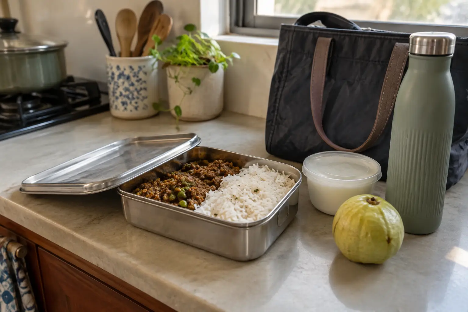 Work lunchbox with keema, peas and rice beside yogurt, a guava and a water bottle on a kitchen counter.