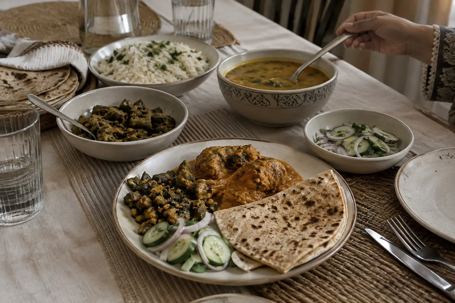 Desi dinner plate with chicken salan, sabzi, salad and roti beside shared bowls of daal and rice.