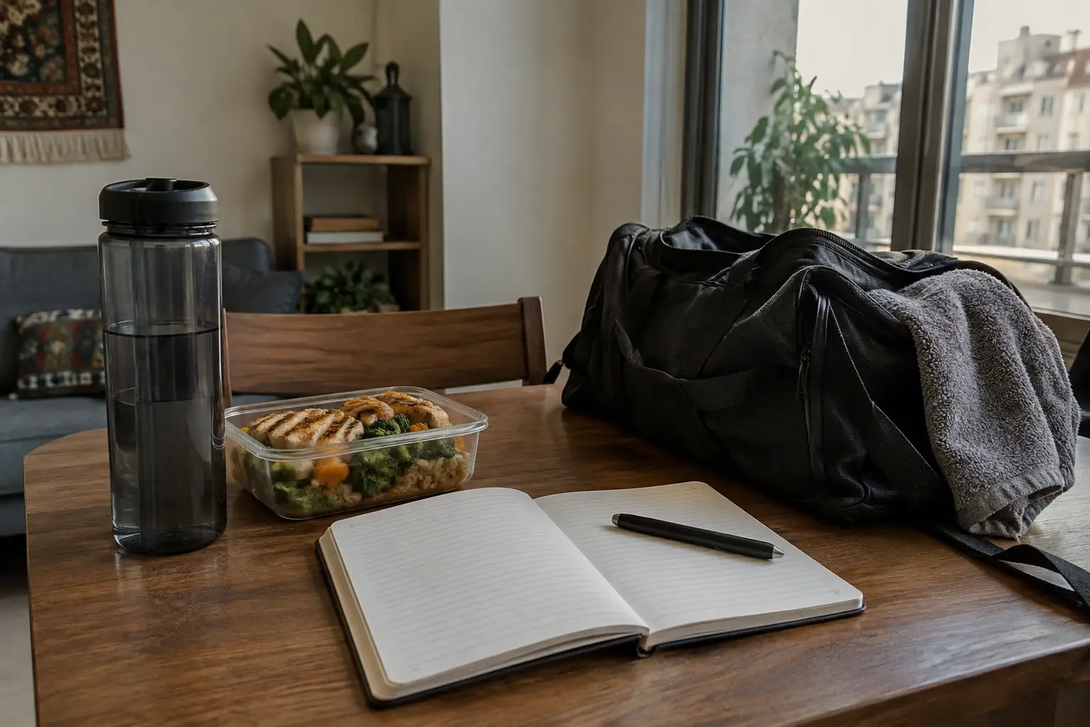 Open notebook, pen, packed lunch container, and gym bag on a table in soft window light.