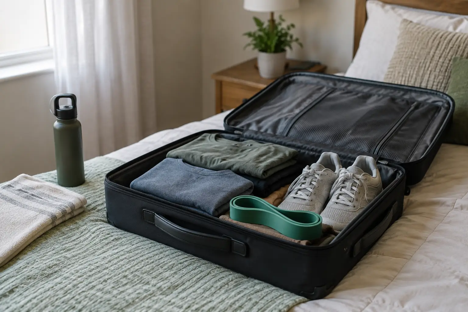 Open suitcase with training shoes and clothes for a Pakistan home visit planned with an online fitness coach.