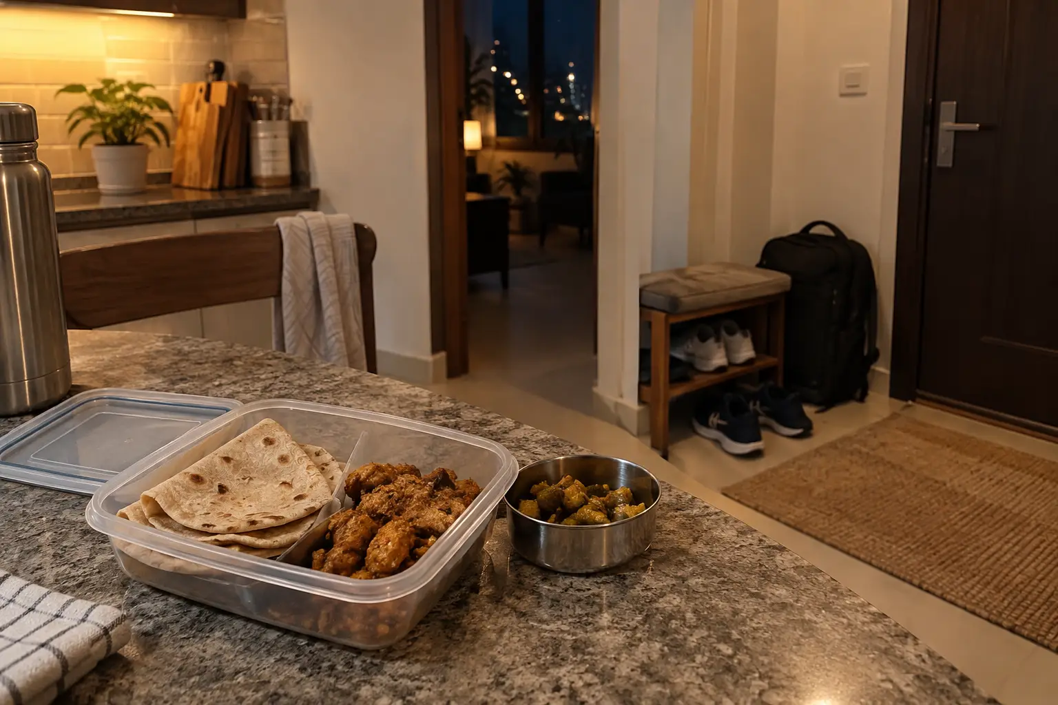 Packed lunch with roti, chicken, and sabzi on a kitchen counter, with gym shoes and a work bag near the doorway.